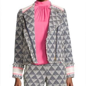 Trina Turk Size 2 Tia Fringe-Trim Blazer Jacket Blue/White Geometric Business
